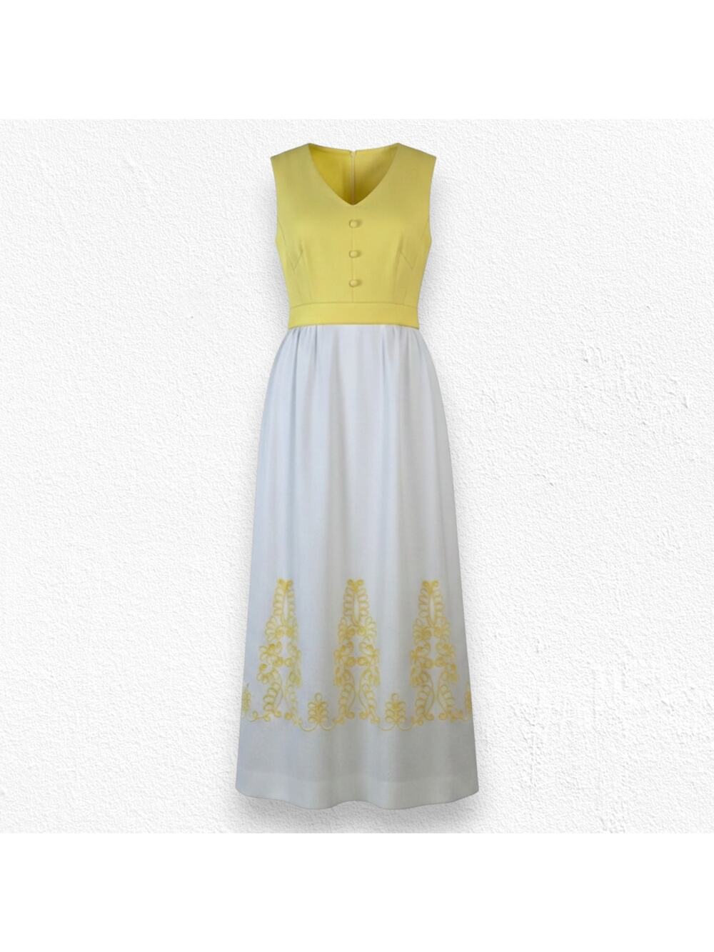Vintage 1960s Edith Flagg Yellow Crimplene Maxi Dress Mod Embroidered Size 8